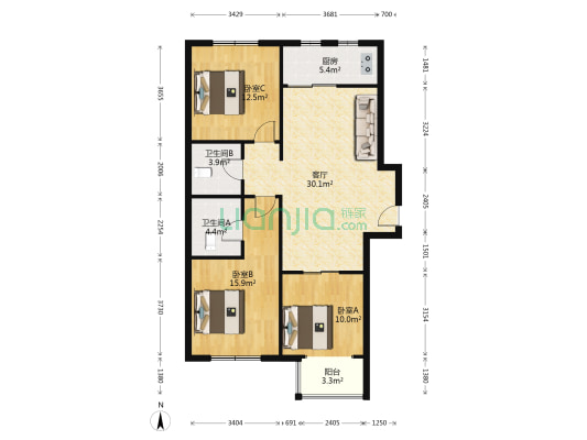 房本满五唯一，南北通透格局  楼层好 采光充足-户型图