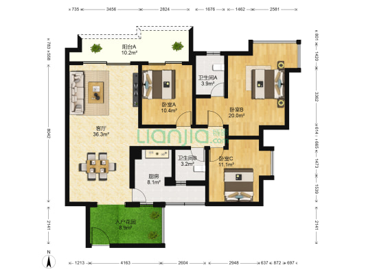 中环星座 3室1厅2卫 129平方