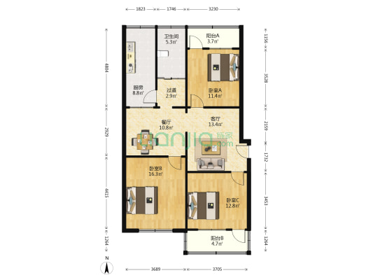 黄河路121号院 3室2厅1卫 100平方