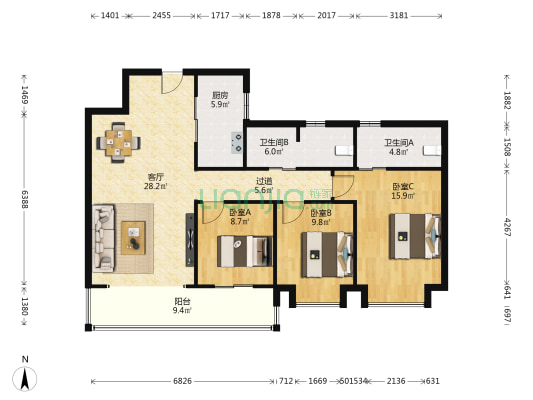 金地中央公园 3室1厅2卫 127平方