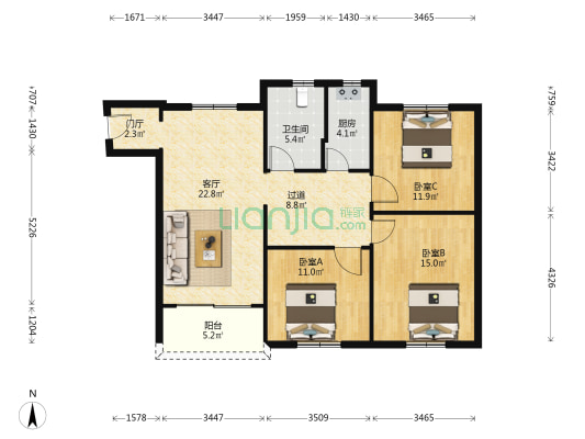 怡心广场 3室1厅1卫 106平方