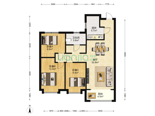 富力湾 3室1厅1卫 114平方