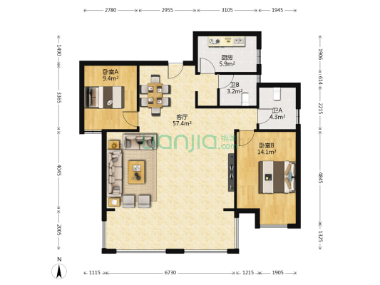 百纳公寓 2室1厅2卫 115平方