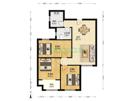 城投伴山居二区 3室1厅1卫 109平方