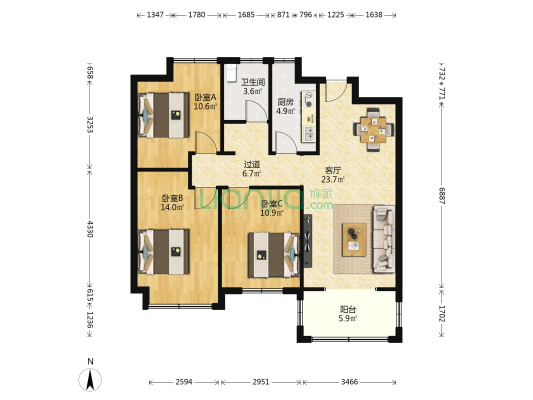 岳家湖天阅3-2-1-1 103.00m² 62 万-户型图