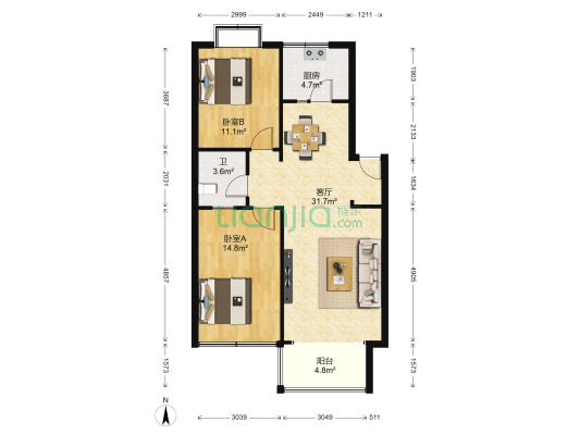 书香园 2室1厅1卫 68平方