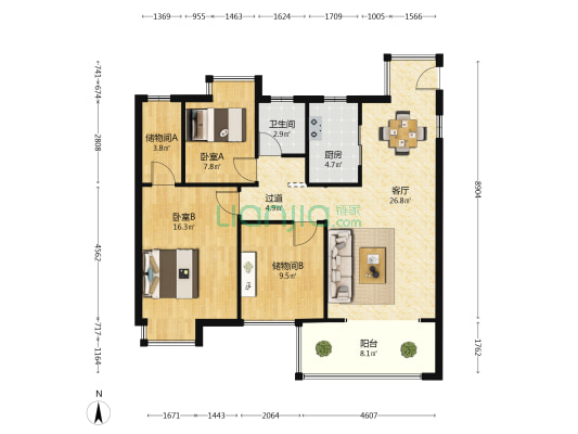 锦尚天域 2室1厅1卫 106平方