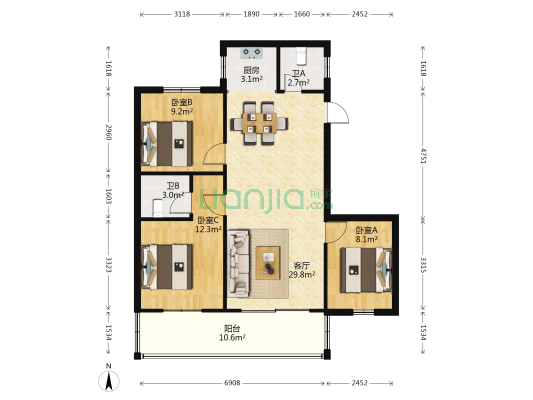 迎奥花园二期 3室1厅2卫 94平方