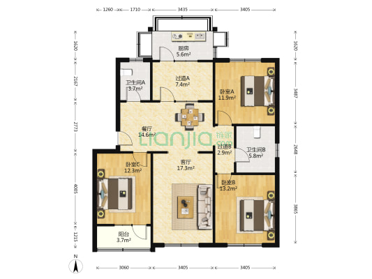福利院宿舍 3室2厅2卫 123平方