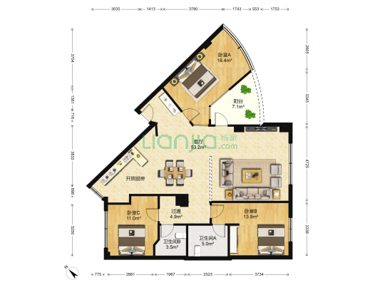 新金花园 3室1厅2卫 138平方