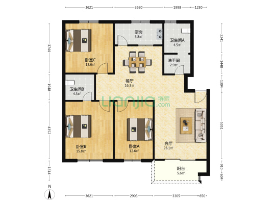 蚌潭公寓 3室2厅3卫 125平方