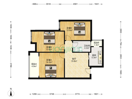 阳光欣园 3室1厅1卫 91平方