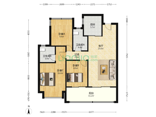 龙湖上城 3室1厅2卫 117平方