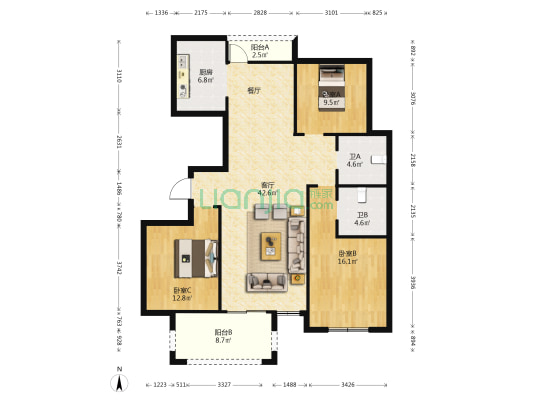 香湖名邸 3室1厅2卫 140平方