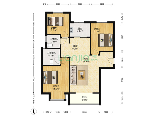 天伦湾一期 3室2厅2卫 125平方