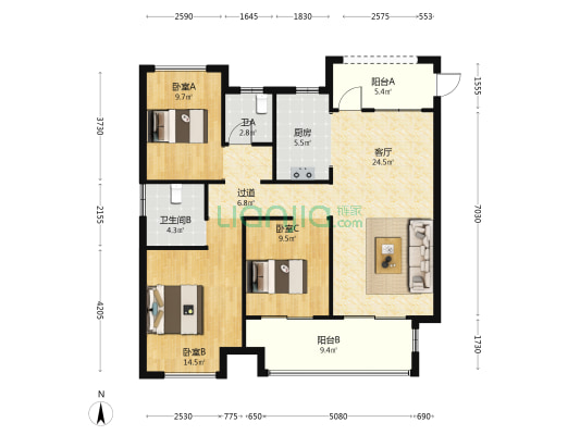同昇·东壹区 3室1厅2卫 118平方