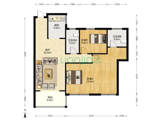 亿豪星城 2室1厅2卫 94平方
