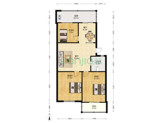庙前街15号院地税宿舍 3室2厅1卫 105平方