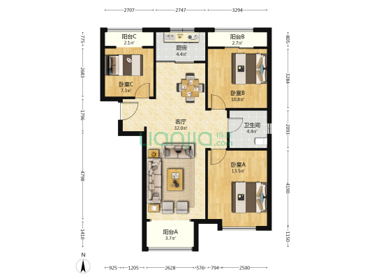沽北壹號 3室1厅1卫 115平方