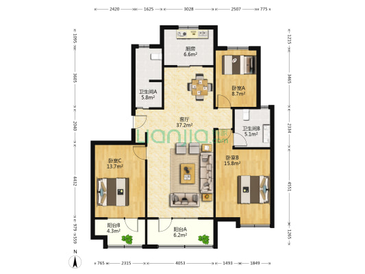 万科未来城 3室1厅2卫 131平方
