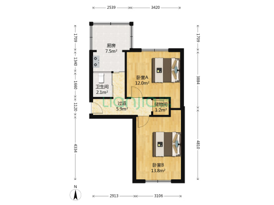 煤炭宿舍 2室0厅1卫 58平方