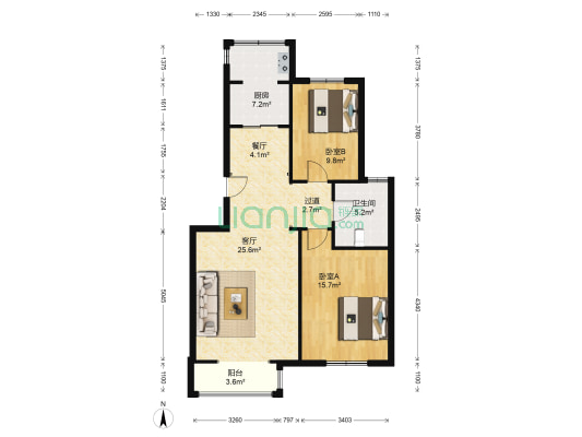 富裕家园 2室2厅1卫 95平方