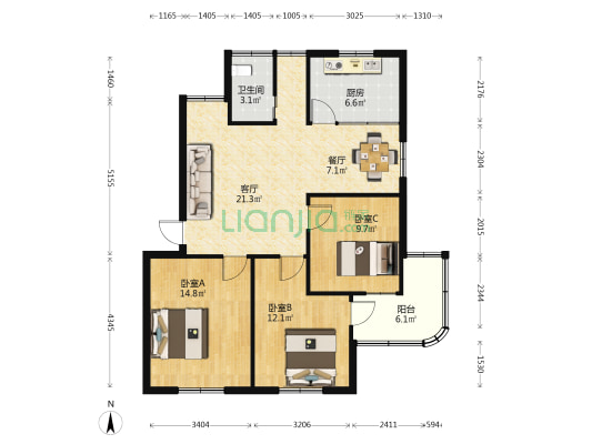 富北路2号 3室2厅1卫 95平方
