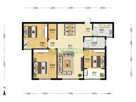 张镇家园六期A区 3室1厅1卫 115平方