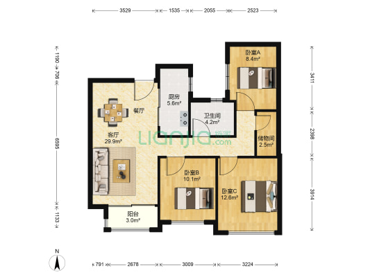 绿城深蓝公寓 3室1厅1卫 90平方