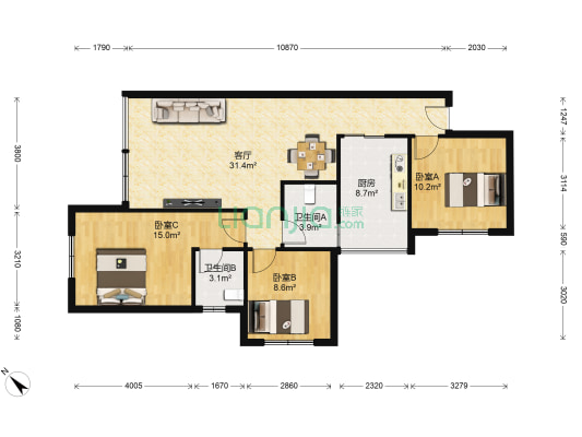 领秀东方 3室1厅2卫 86平方