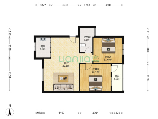 锦怡花园 2室1厅1卫 85平方