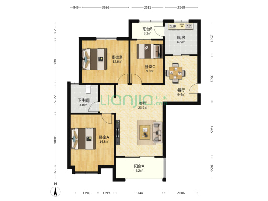 桃园雅居A区 3室2厅1卫 106平方