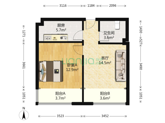 仁和梅苑二期 1室1厅1卫 57平方