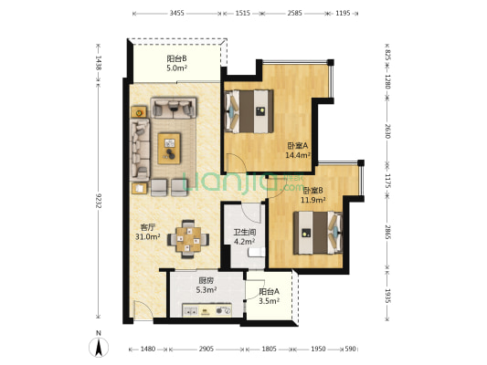 中海璟晖华庭 2室1厅1卫 87平方