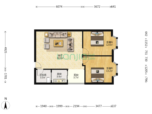 天宜大厦 2室1厅1卫 80平方