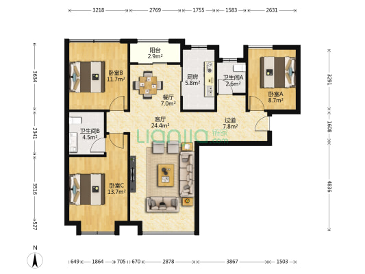 中国铁建西派国际A区 3室2厅2卫 109平方