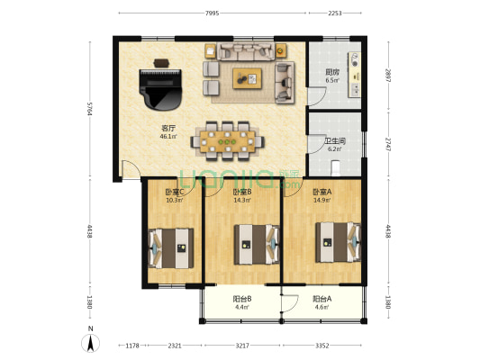 名仕花园公寓 3室1厅1卫 120平方
