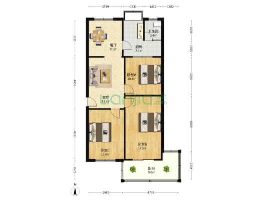 市庄路商贸学校宿舍 3室2厅1卫 74平方