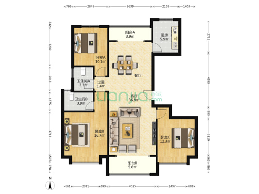 合创桂悦府 3室1厅2卫 128平方