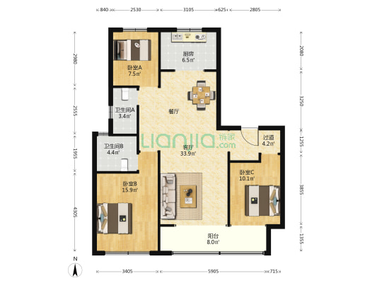 中梁新嘉拾光悦 3室1厅2卫 129平方