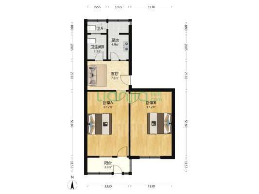 通海路106号 2室1厅2卫 64平方