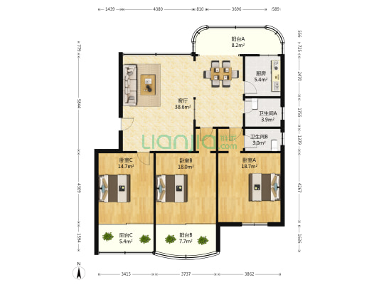 竹林花园 3室1厅2卫 148平方