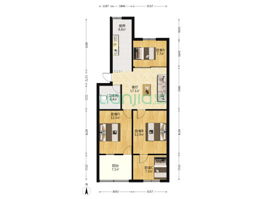 大王里62-1号 4室1厅1卫 82平方