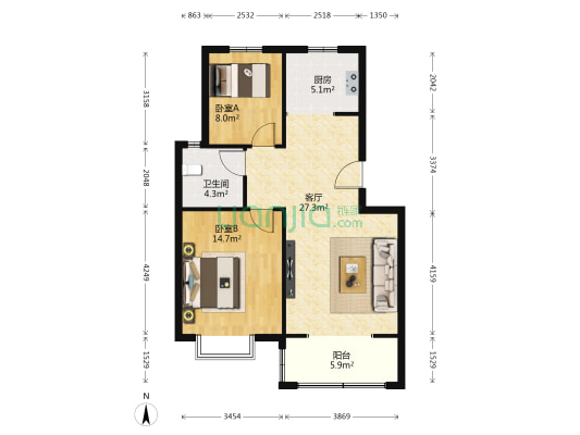 泉城花都A区 2室1厅1卫 83平方