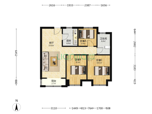 融创湖岸壹号 3室1厅1卫 90平方
