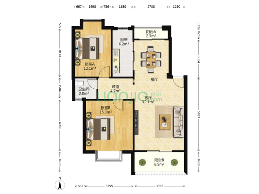 东方华府 2室1厅1卫 93平方