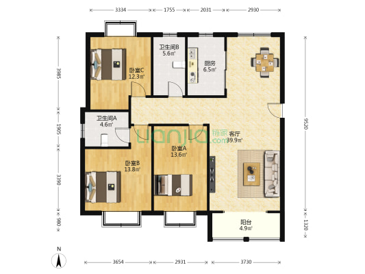 蓝天玖号院B区 3室1厅2卫 136平方