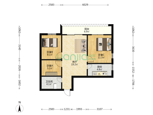 保利天悦颐海花园 3室1厅1卫 75平方