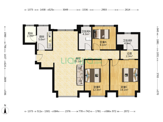 富力又一城合安园 3室1厅2卫 124平方