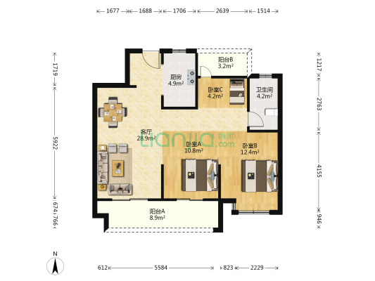 观棠府 3室1厅1卫 100平方